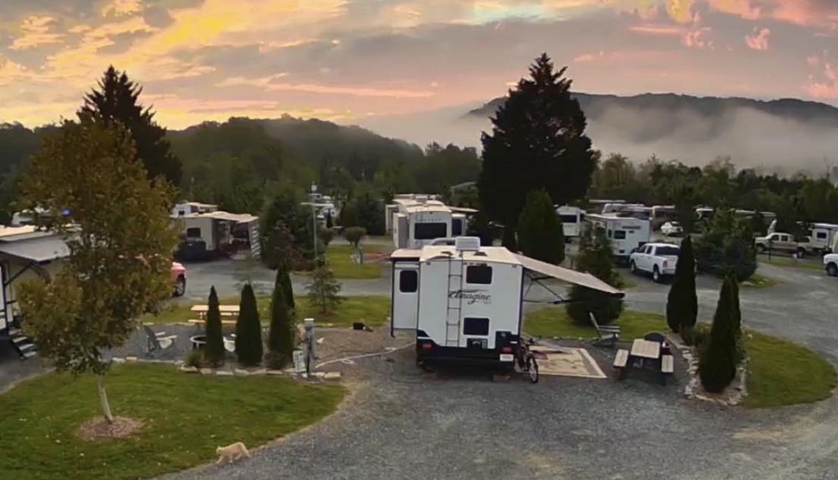 RV sites at sunrise with fog over the ridgeline